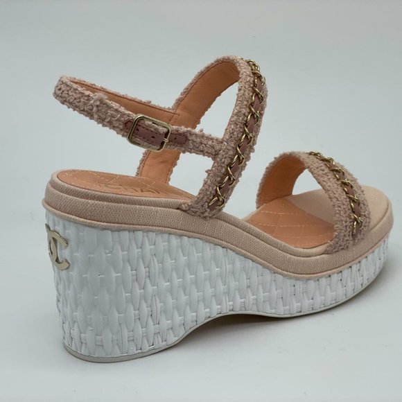 CHANEL 20C Tweed Leather Chain CC Raffia Platform Wedge Heel Sandals Shoes - Picture 2 of 11